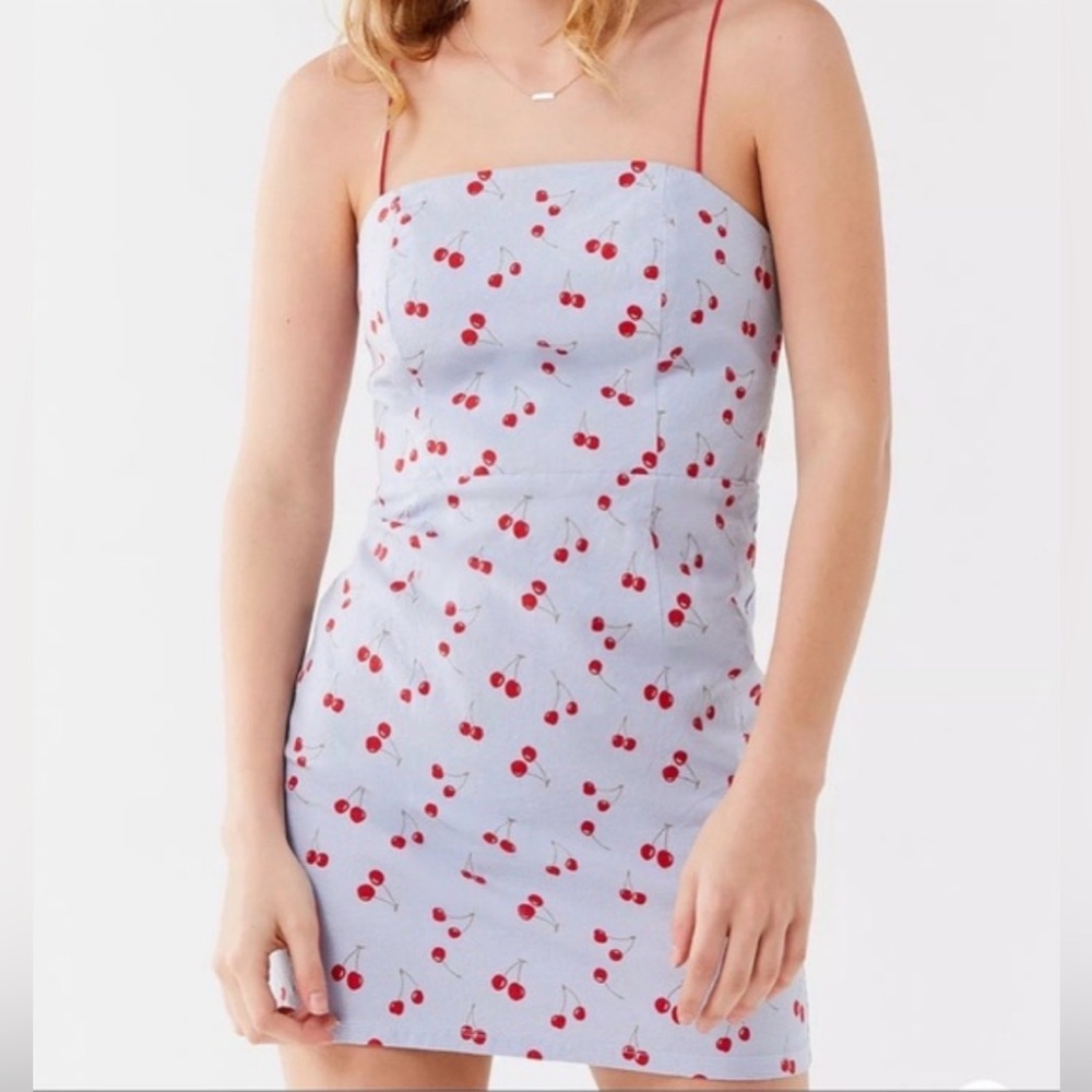 Urban Outfitters Colette Cherry Print Linen Mini Dress Spaghetti Strap Sz 0